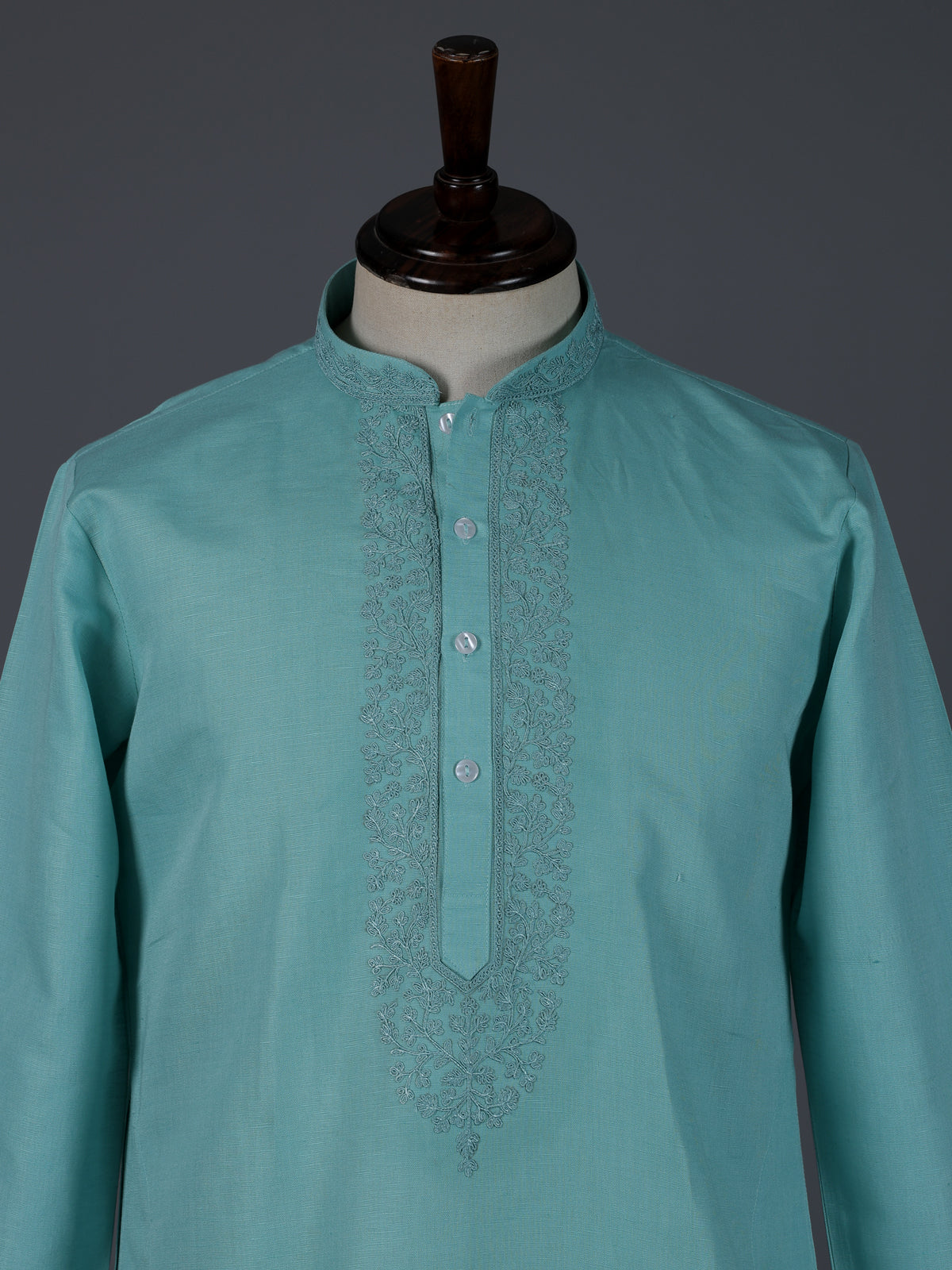 Aqua blue cotton linen thread work festive kurta suit