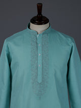 Aqua blue cotton linen thread work festive kurta suit