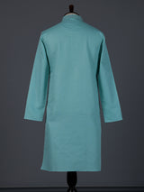 Aqua blue cotton linen thread work festive kurta suit