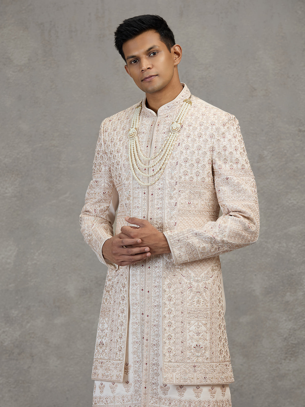 Cream layered satin silk sherwani for mens