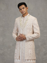 Cream layered satin silk sherwani for mens