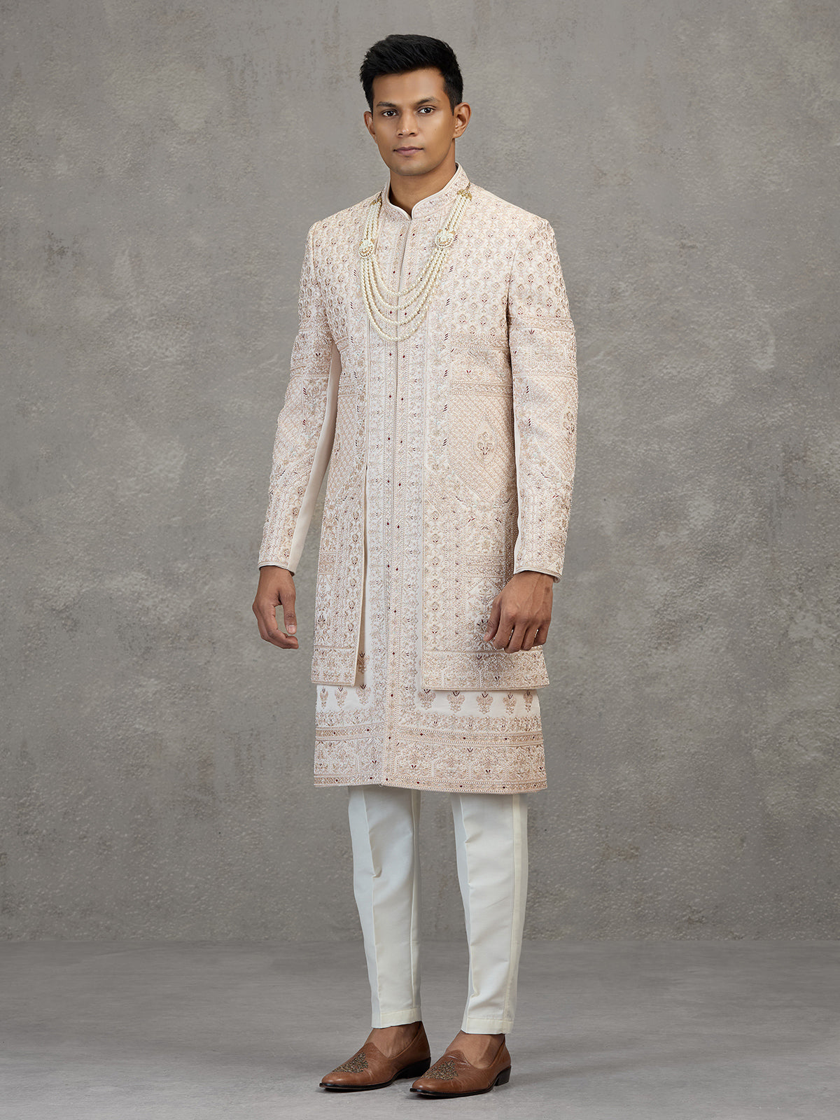 Cream layered satin silk sherwani for mens