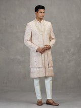 Cream layered satin silk sherwani for mens