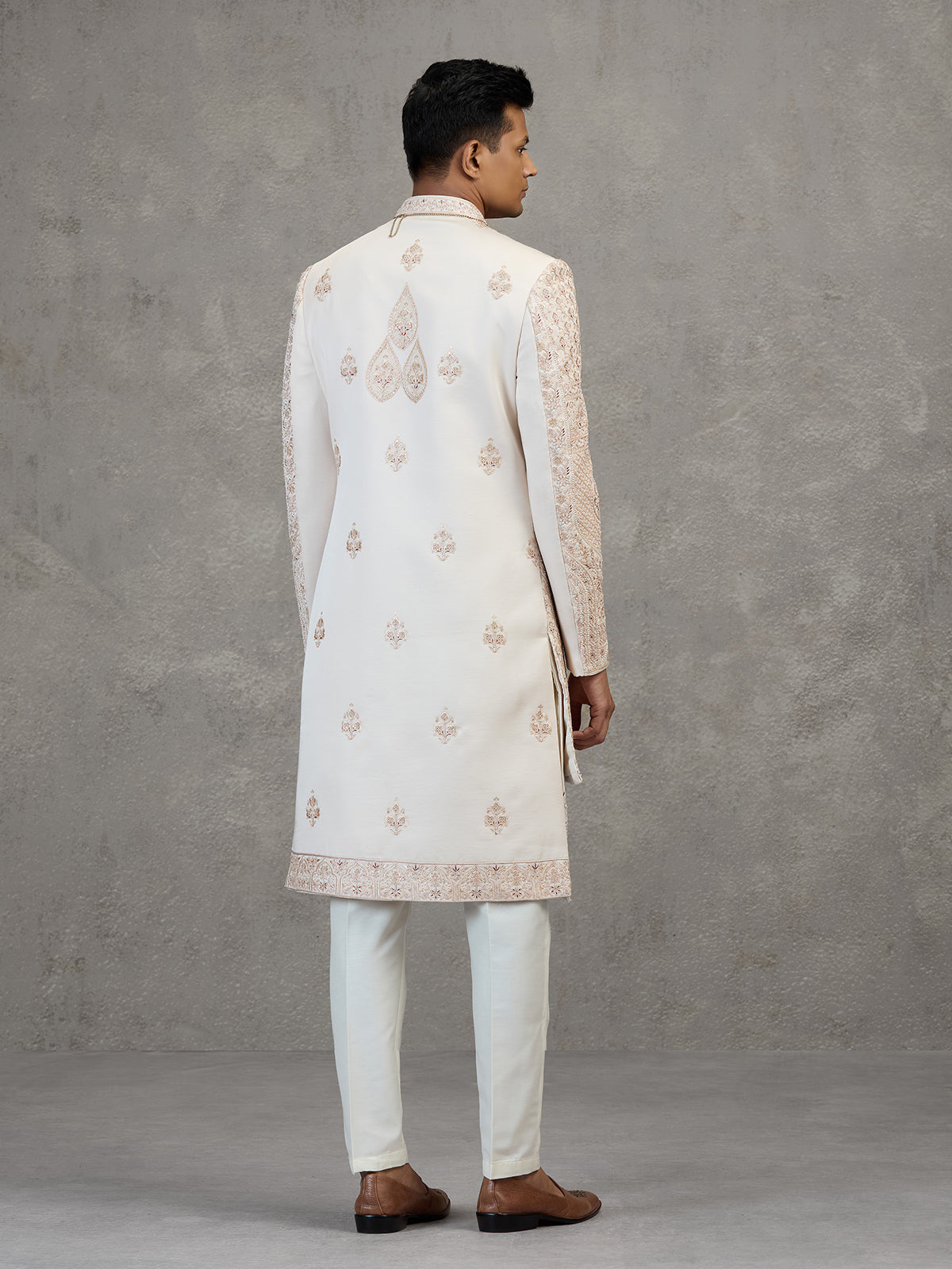 Cream layered satin silk sherwani for mens