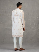 Cream layered satin silk sherwani for mens