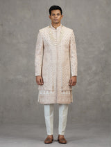 Cream layered satin silk sherwani for mens