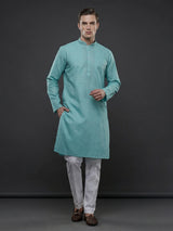 Aqua blue cotton linen thread work festive kurta suit