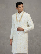 Off white satin silk sherwani with resham detailing