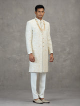 Off white satin silk sherwani with resham detailing