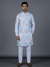 Mint blue linen floral printed festive kurta suit