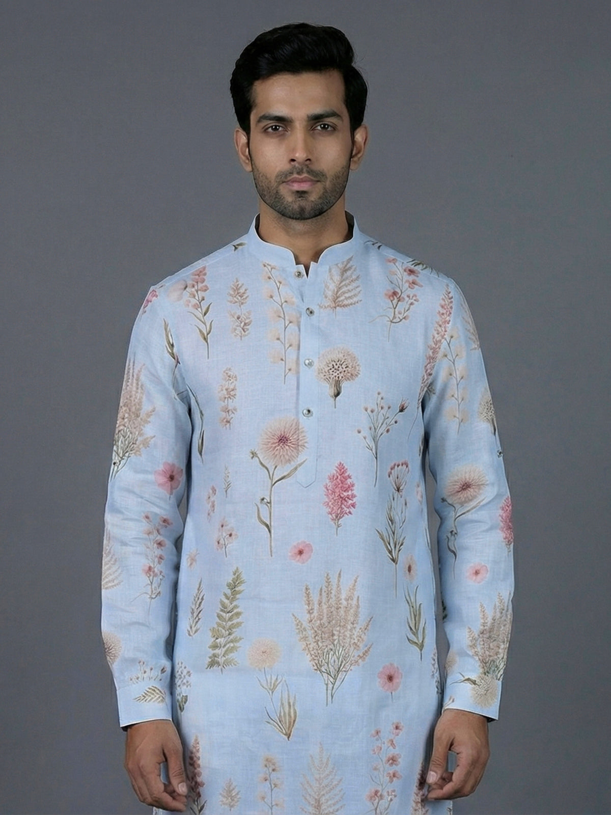 Mint blue linen floral printed festive kurta suit