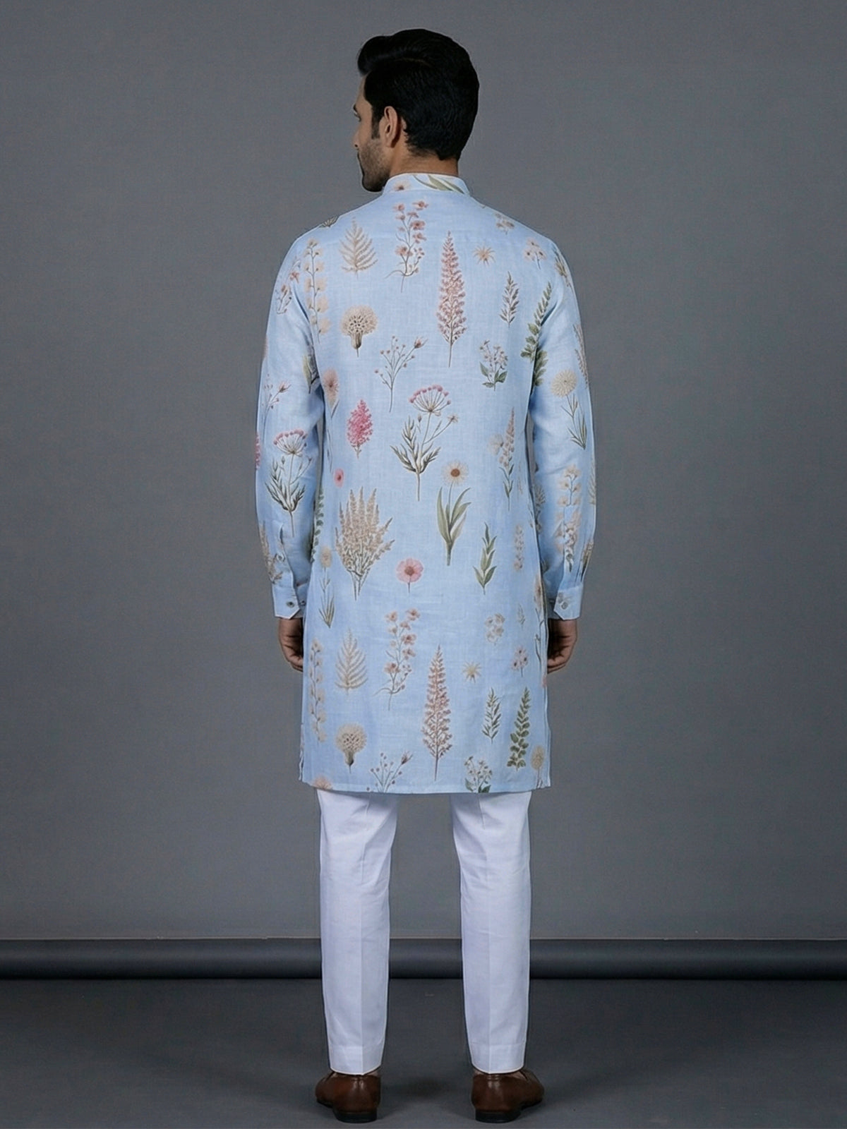 Mint blue linen floral printed festive kurta suit