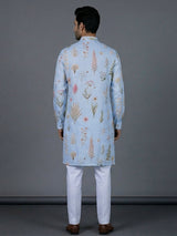 Mint blue linen floral printed festive kurta suit