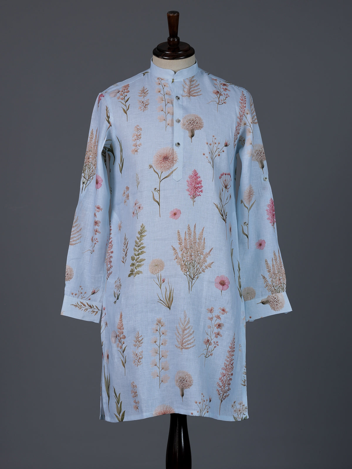 Mint blue linen floral printed festive kurta suit