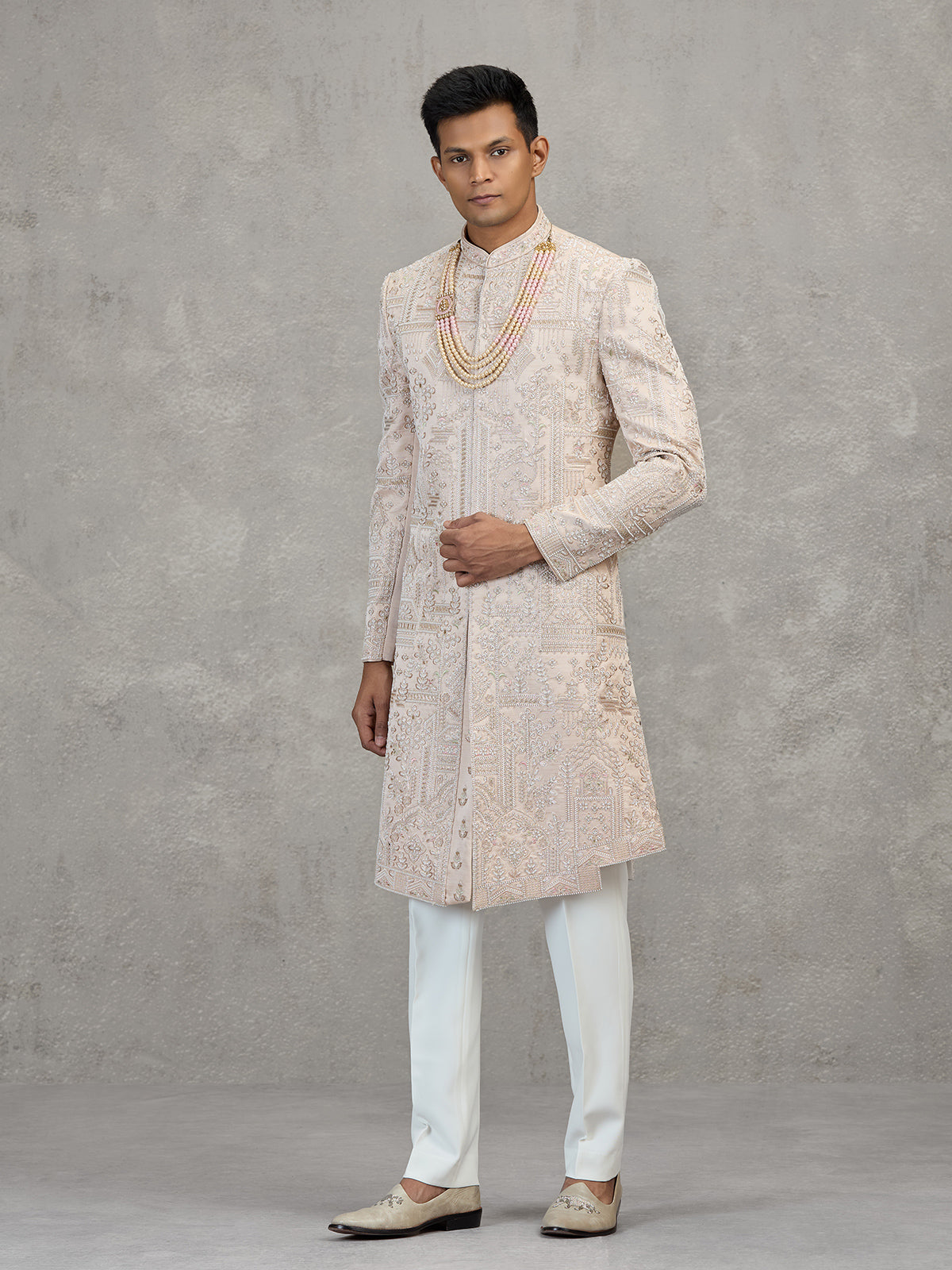 Light peach satin silk sherwani for men wedding wear
