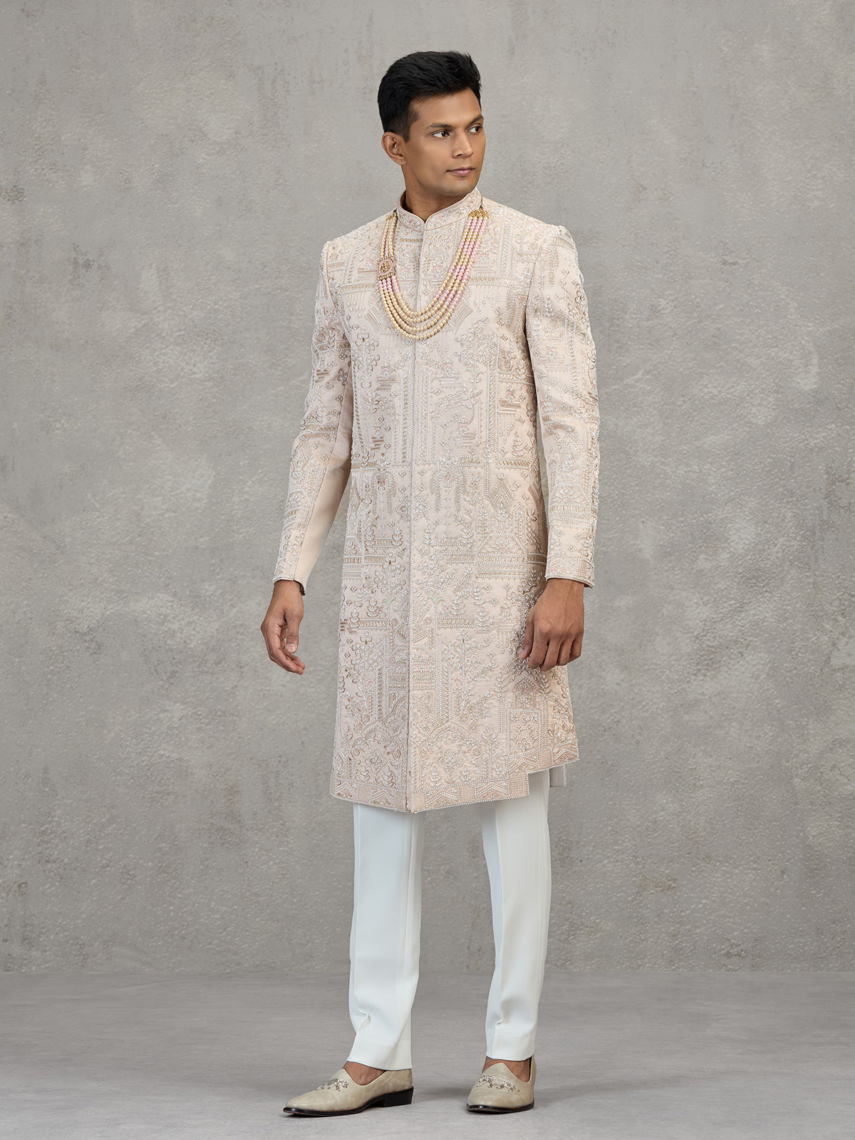 Light peach satin silk sherwani for men wedding wear