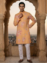 Bright peach linen floral printed designer kurta suit