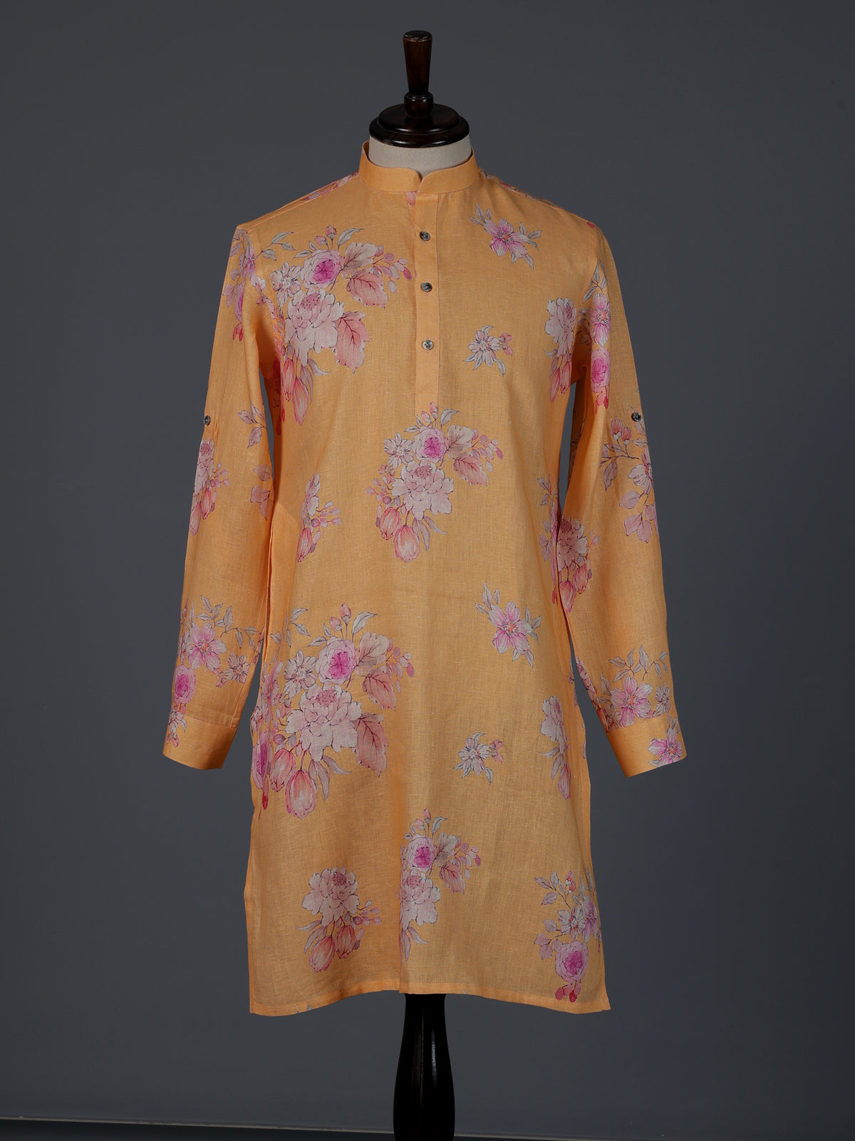 Bright peach linen floral printed designer kurta suit