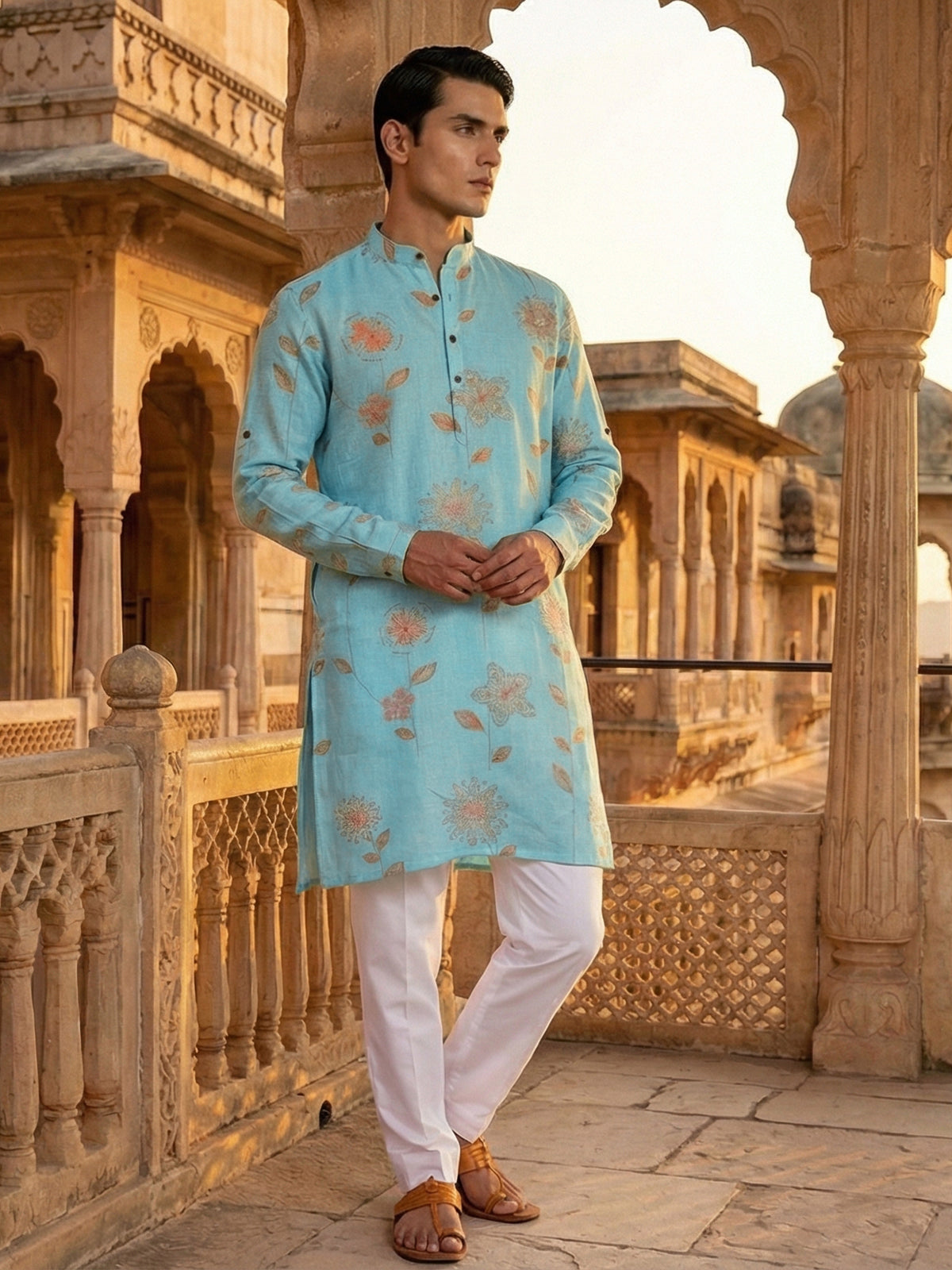 Aqua blue linen floral printed festive kurta suit
