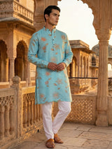 Aqua blue linen floral printed festive kurta suit