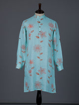 Aqua blue linen floral printed festive kurta suit