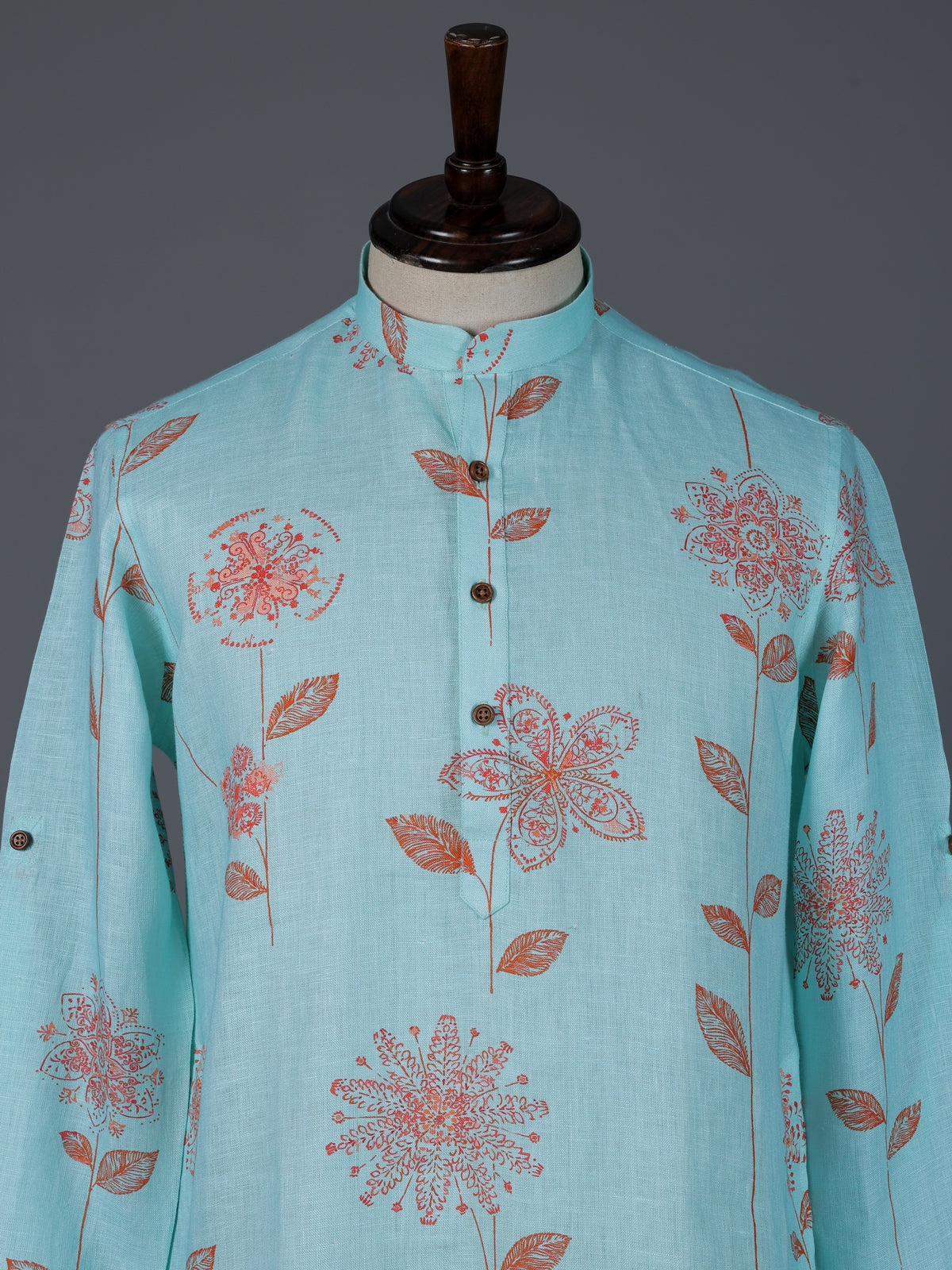 Aqua blue linen floral printed festive kurta suit