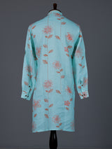 Aqua blue linen floral printed festive kurta suit