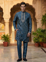 Pastel blue silk resham sequins wedding kurta suit