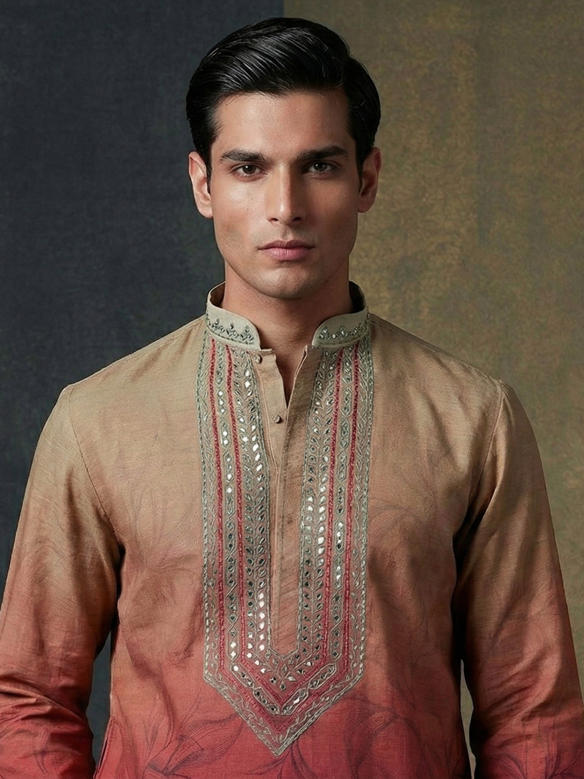 Red olive shaded cotton aabla thread festive kurta suit