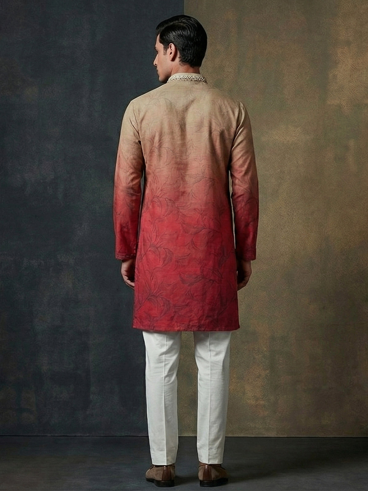 Red olive shaded cotton aabla thread festive kurta suit