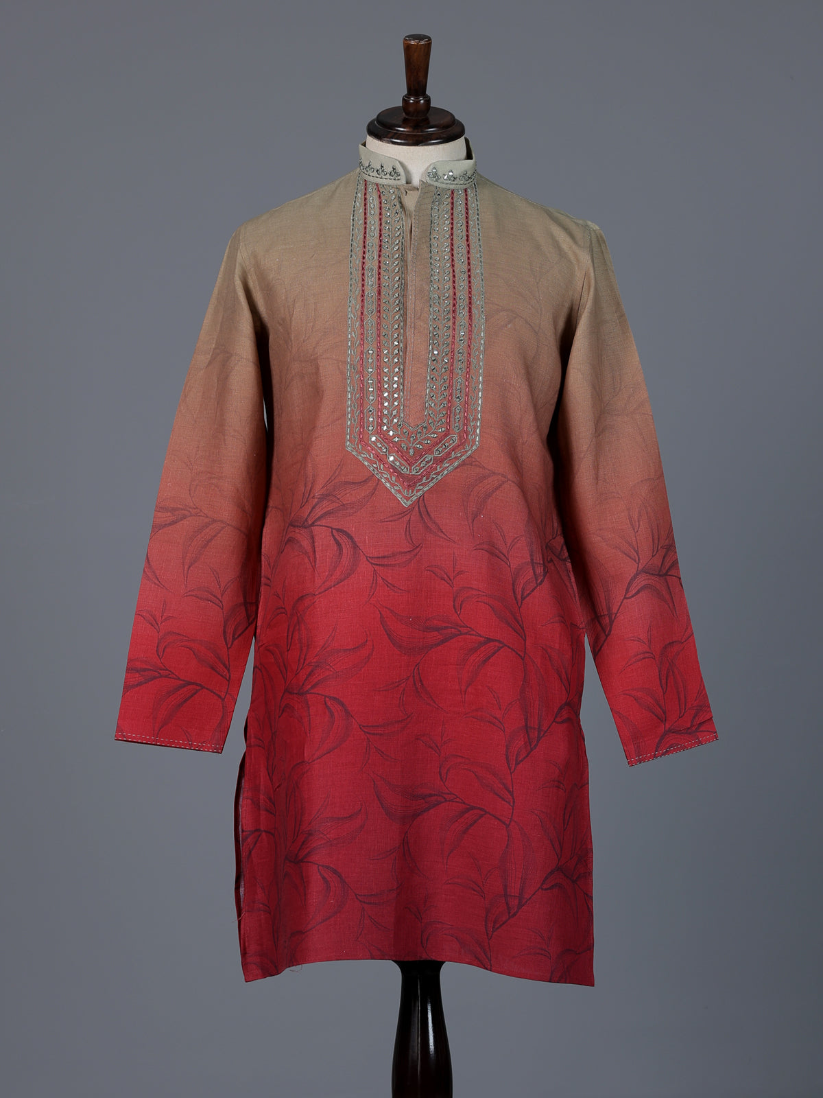 Red olive shaded cotton aabla thread festive kurta suit