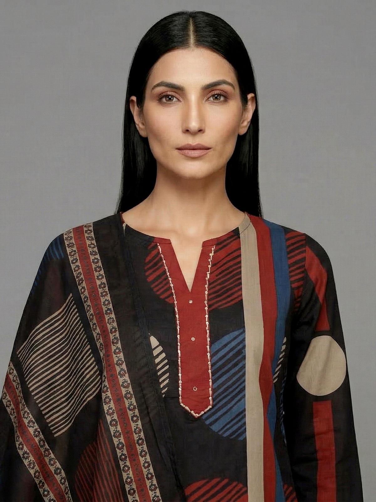 Black silk printed straight cut casual kurti set