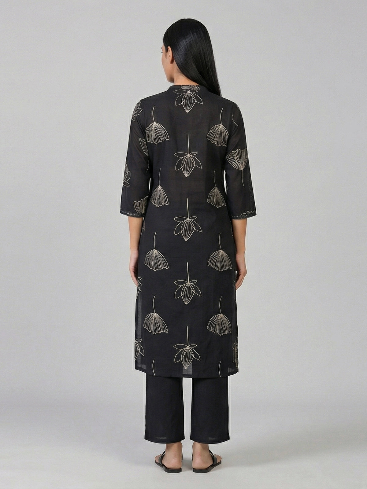 Black cotton silk printed stand collar casual kurti set