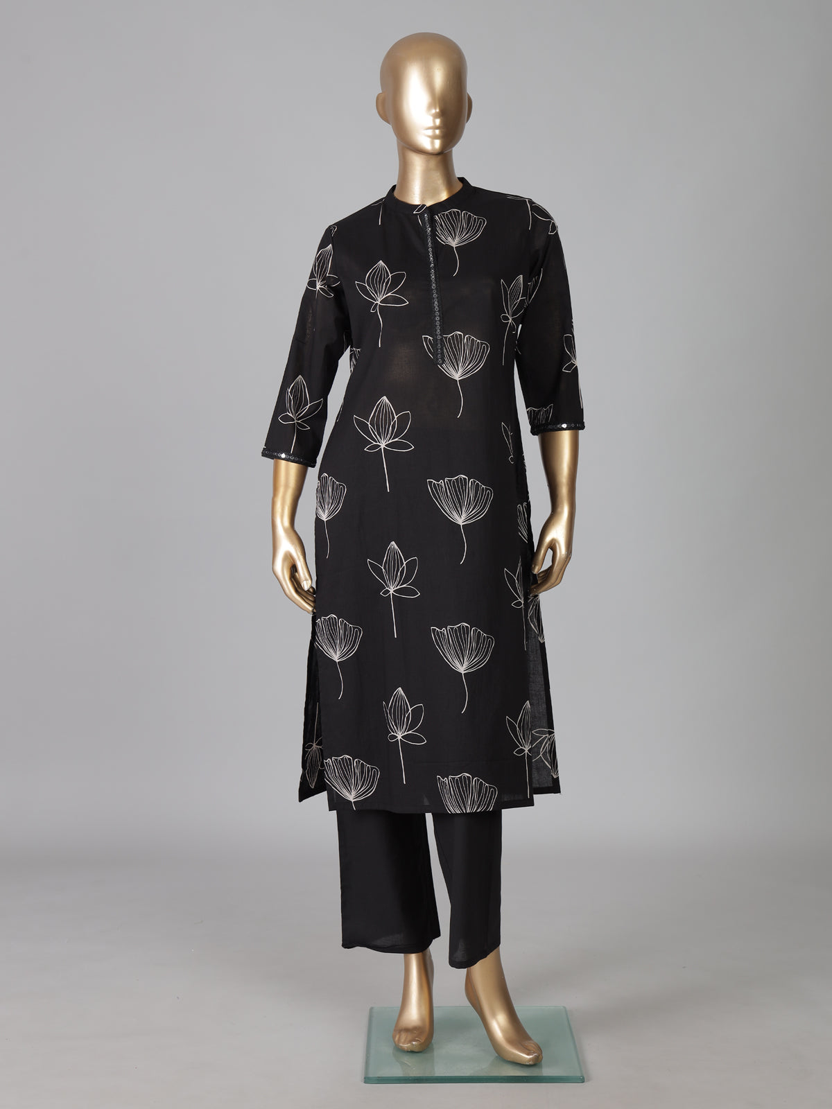 Black cotton silk printed stand collar casual kurti set