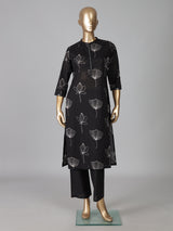 Black cotton silk printed stand collar casual kurti set