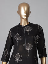 Black cotton silk printed stand collar casual kurti set