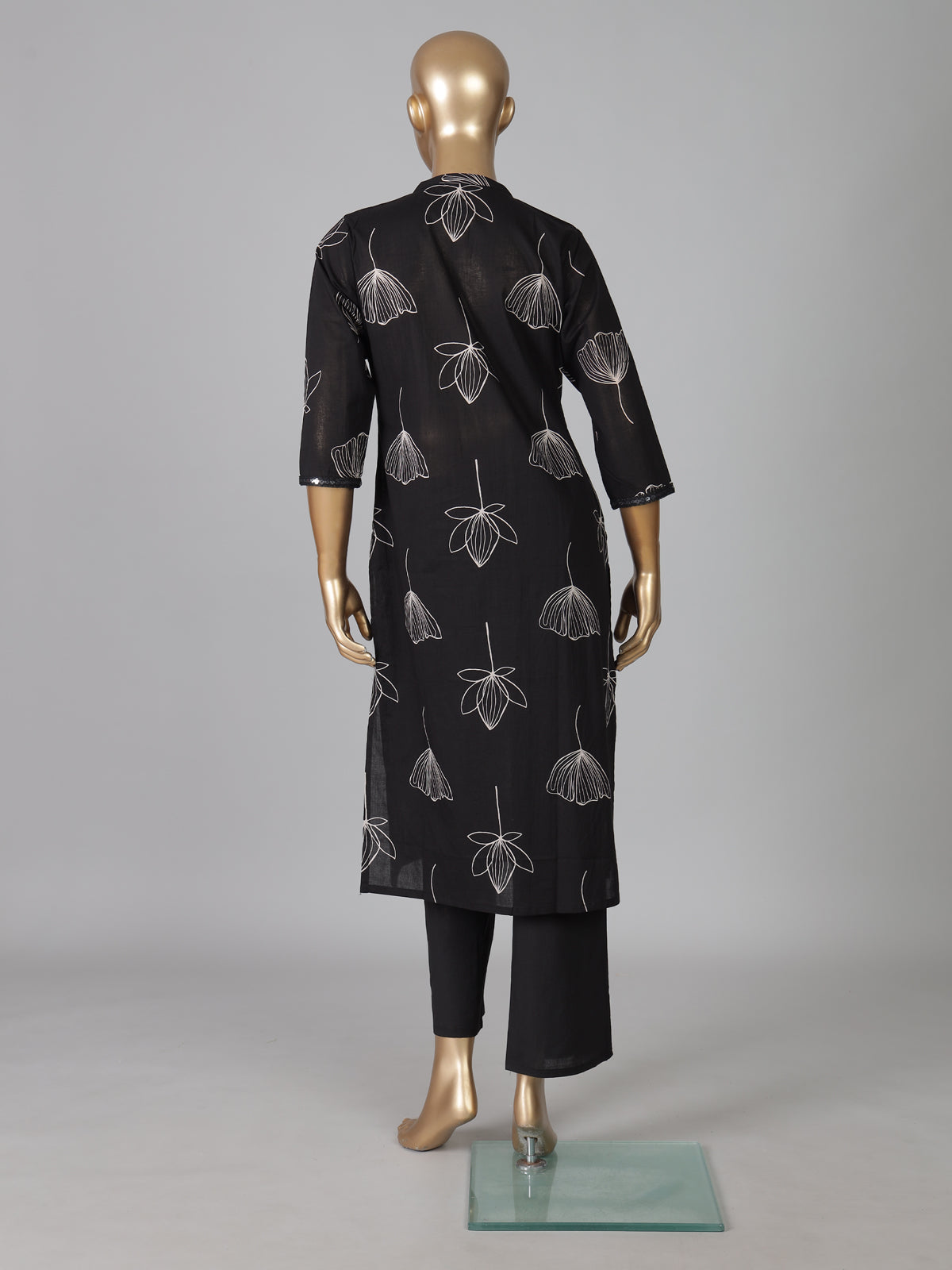 Black cotton silk printed stand collar casual kurti set