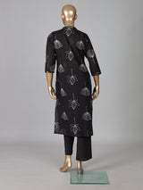 Black cotton silk printed stand collar casual kurti set