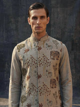 Grey cotton embroidered chinese collar waistcoat set