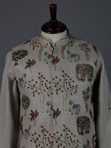 Grey cotton embroidered chinese collar waistcoat set