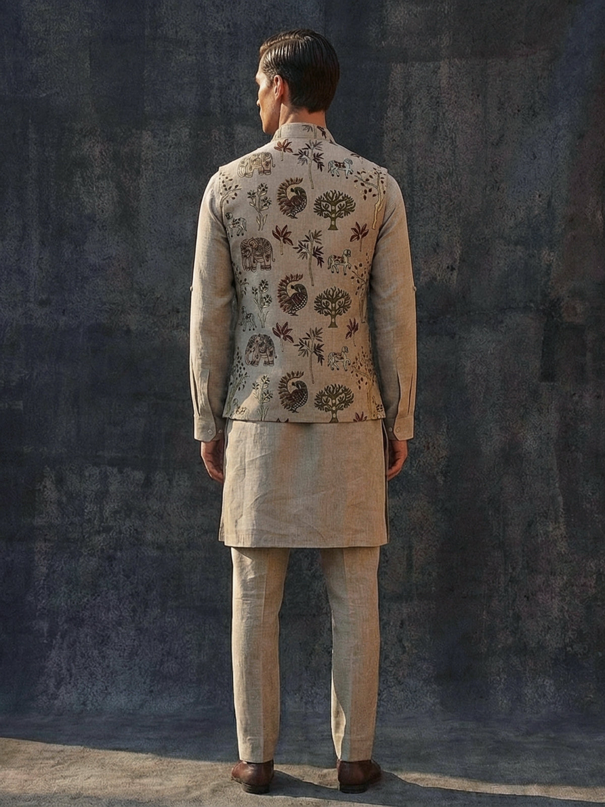 Grey cotton embroidered chinese collar waistcoat set