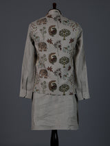 Grey cotton embroidered chinese collar waistcoat set