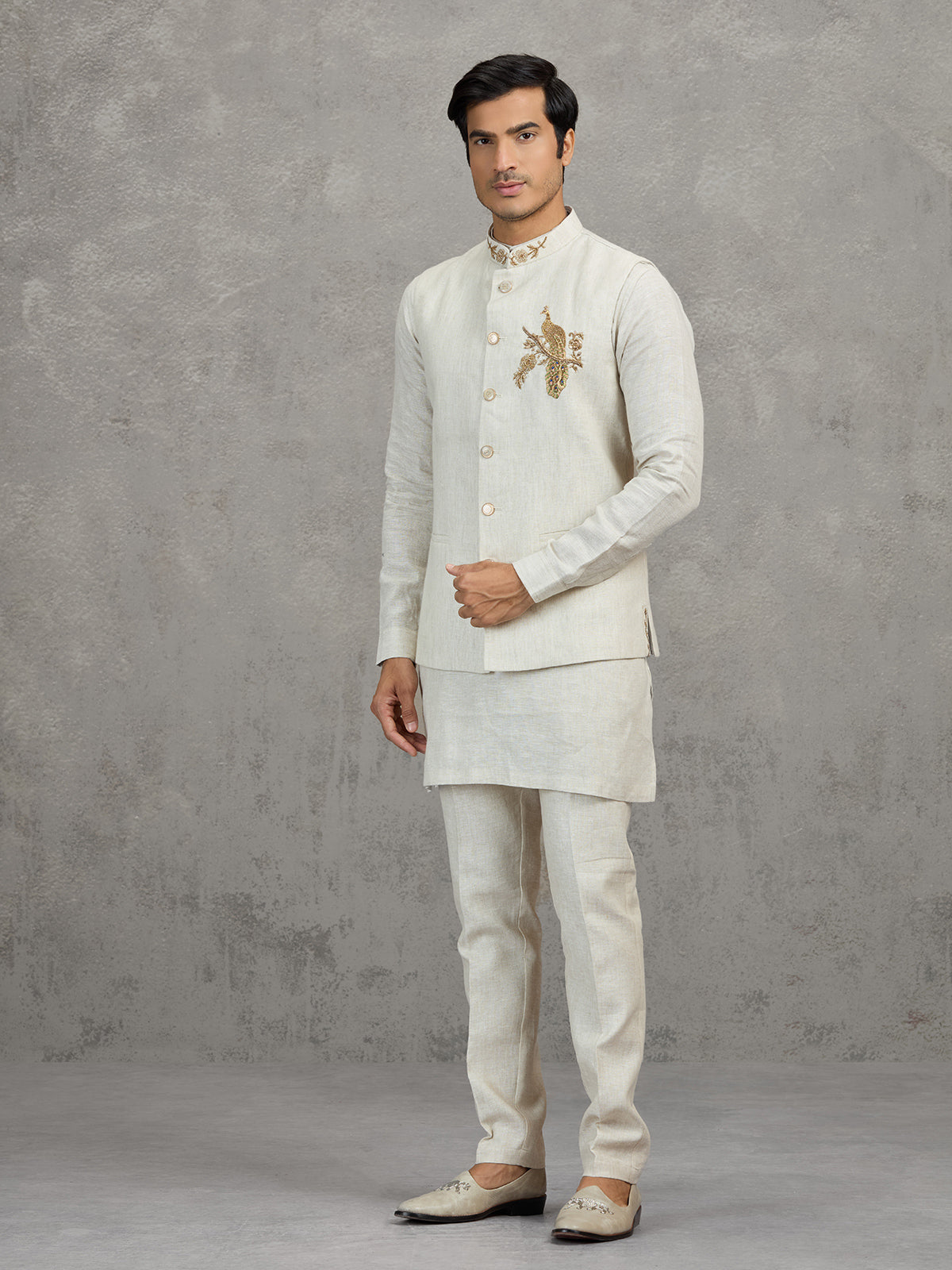 Off white textured linen waistcoat set for men
