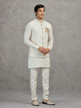 Off white textured linen waistcoat set for men