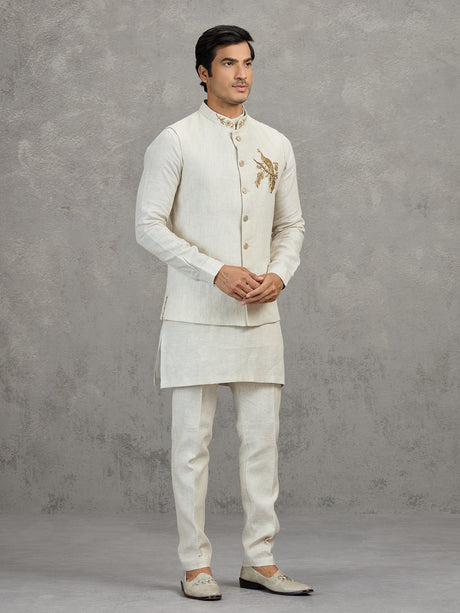 Off white textured linen waistcoat set for men