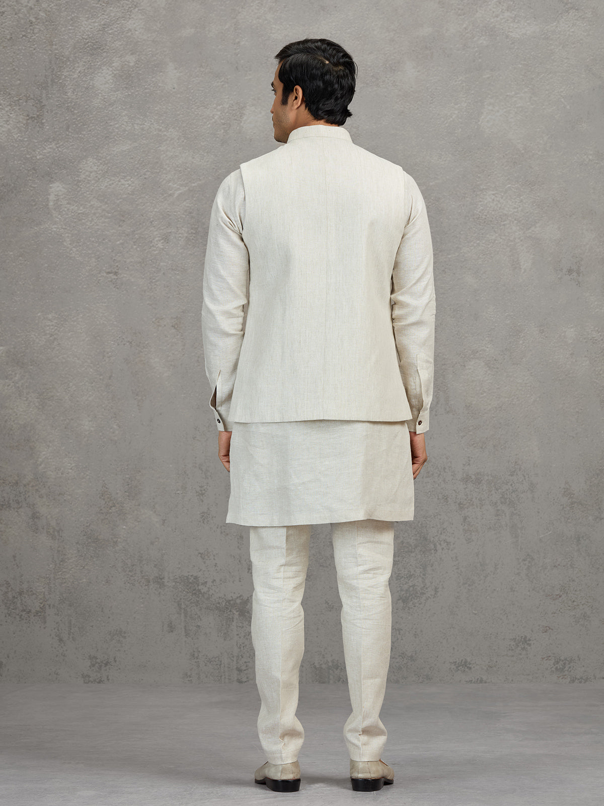 Off white textured linen waistcoat set for men