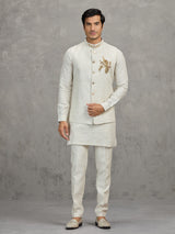 Off white textured linen waistcoat set for men