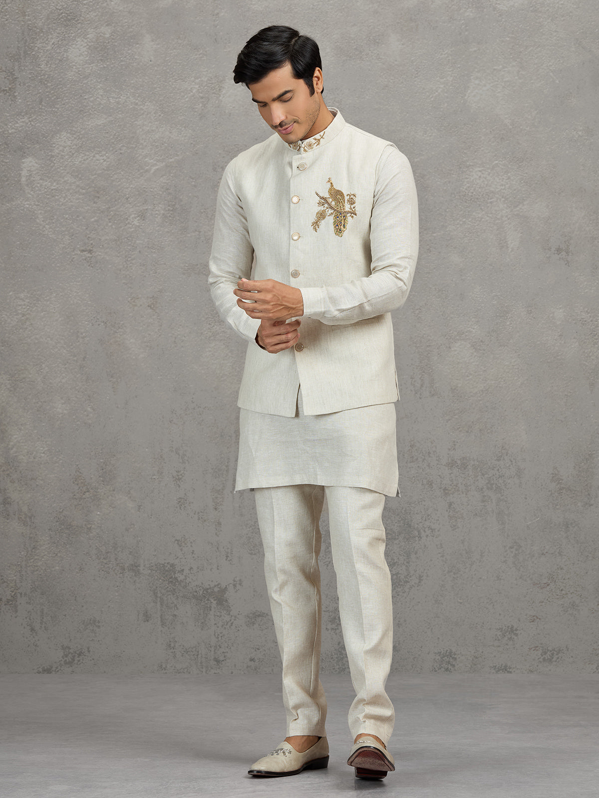 Off white textured linen waistcoat set for men