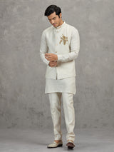 Off white textured linen waistcoat set for men