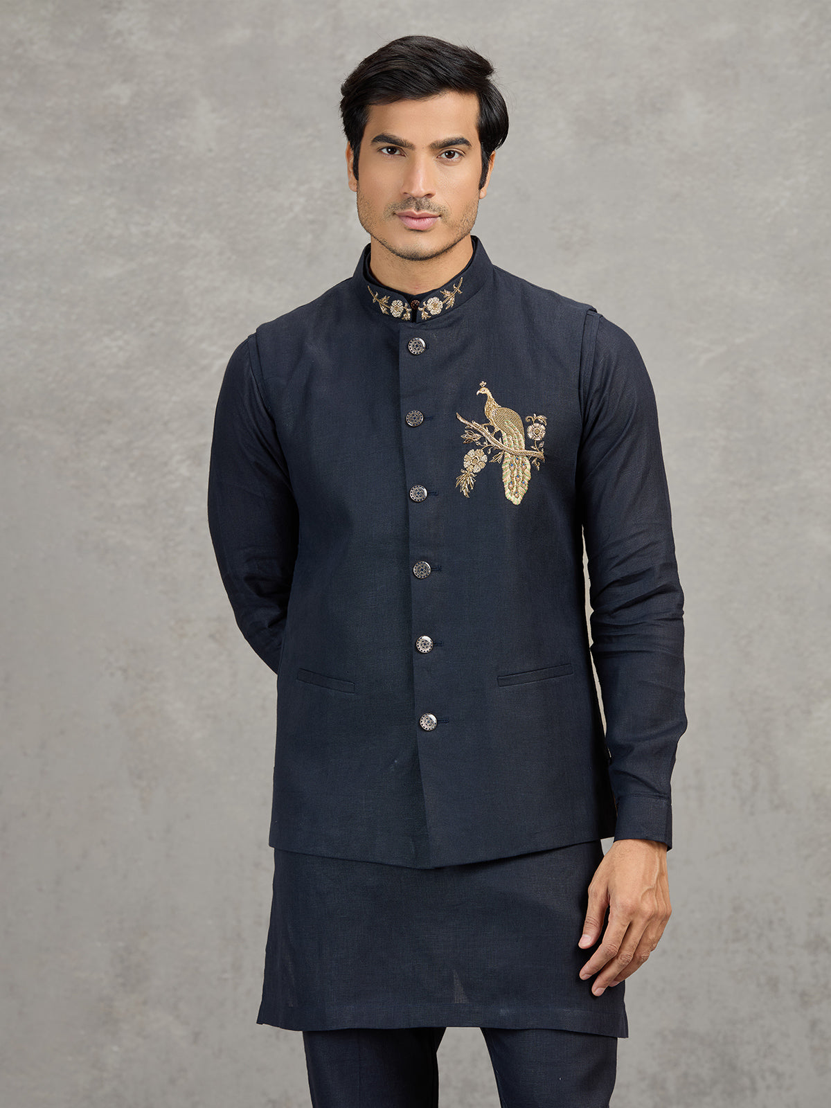Navy blue festive linen waistcoat set